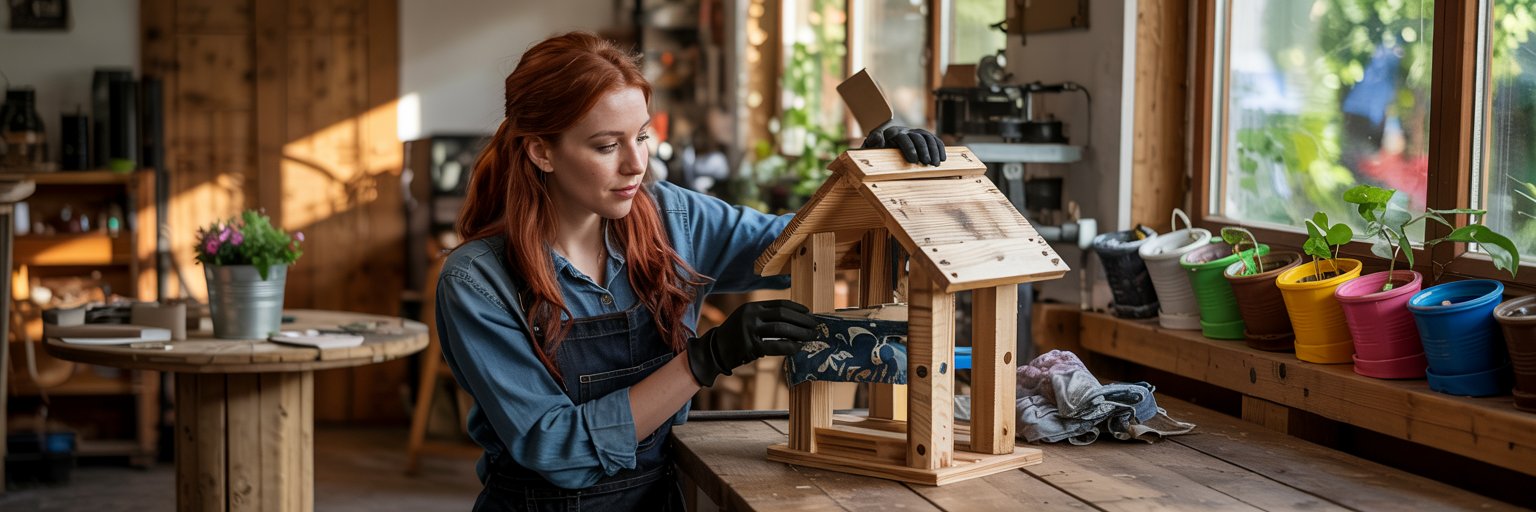 Eine Frau mit Handschuhen und Jeanshemd baut in einer sonnendurchfluteten Werkstatt, umgeben von Werkzeugen und bunten Blumentöpfen, ein Vogelhaus aus Holz – und zeigt damit, wie Alte Möbel neu gestalten in jedem Raum Kreativität entfachen kann.