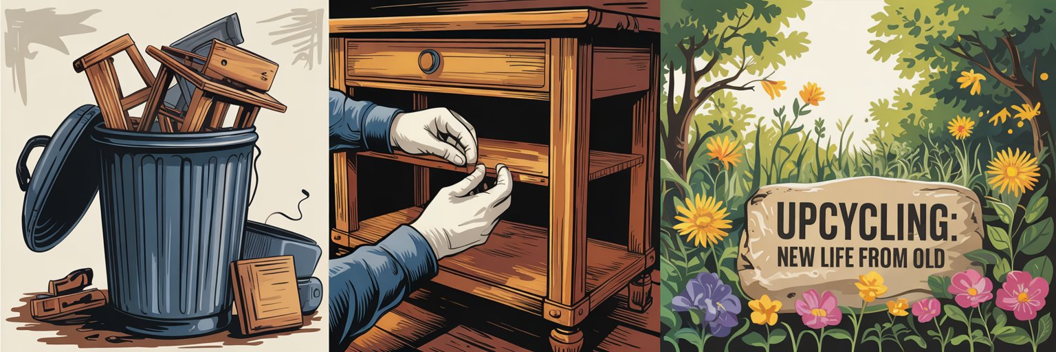 Ein Triptychon im Comic-Stil zeigt alte Holzmöbel in einer Mülltonne, Hände, die einen Holztisch restaurieren, und eine Gartenszene mit einem Schild mit der Aufschrift „Alte Möbel neu gestalten: Neues Leben aus Alt“.