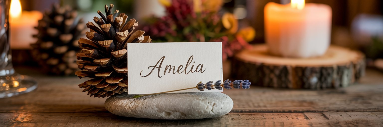 Auf einem glatten Stein liegt ein Namensschild mit der Aufschrift „Amelia“, daneben ein Lavendelzweig und ein Tannenzapfen; im Hintergrund auf einem Holztisch sind eine brennende Kerze und herbstliche Dekorationen verschwommen.