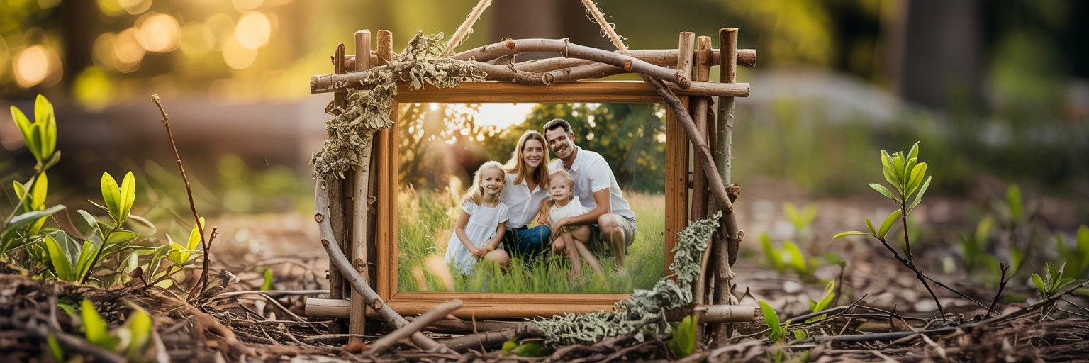 Ein rustikaler Bilderrahmen aus Holz liegt auf dem Waldboden, umgeben von grünen Pflanzen und Sonnenlicht, und zeigt eine lächelnde vierköpfige Familie – zwei Erwachsene und zwei Kinder –, die im Freien im warmen, natürlichen Licht posiert.