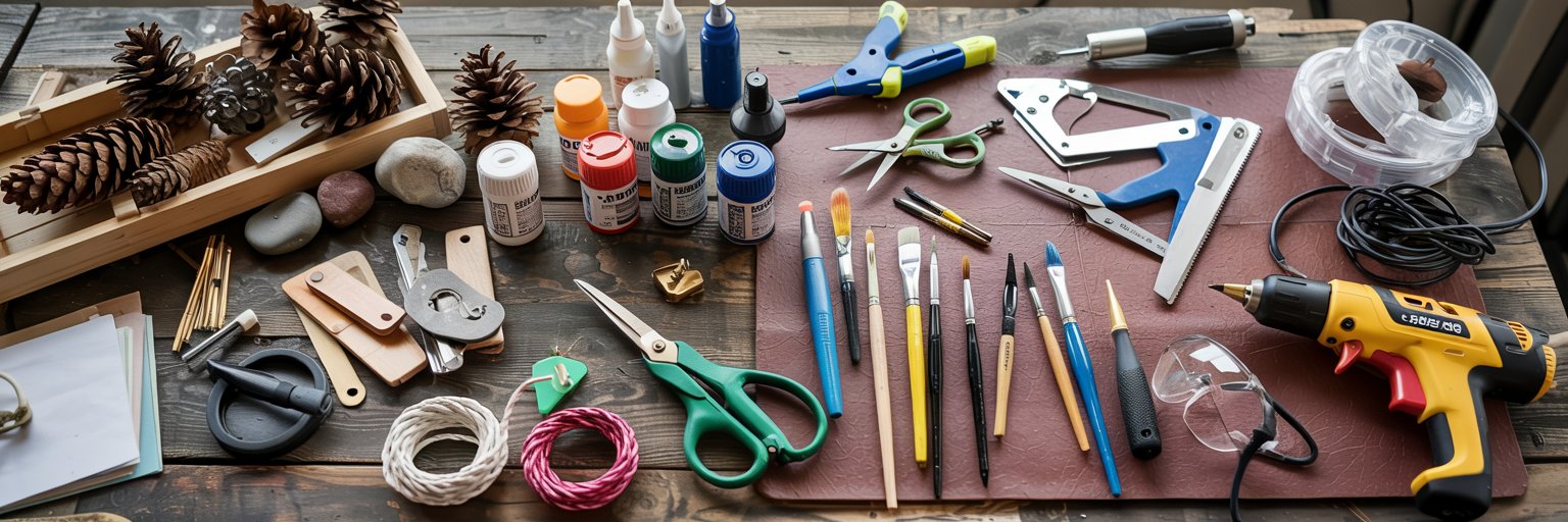 Ein Tisch, der mit verschiedenen Bastelmaterialien bedeckt ist, darunter Farbflaschen, Scheren, Pinsel, Klebepistole, Hefter, Bindfaden, Tannenzapfen, Steine, kleine Werkzeuge, Schutzbrillen und Holzstücke.