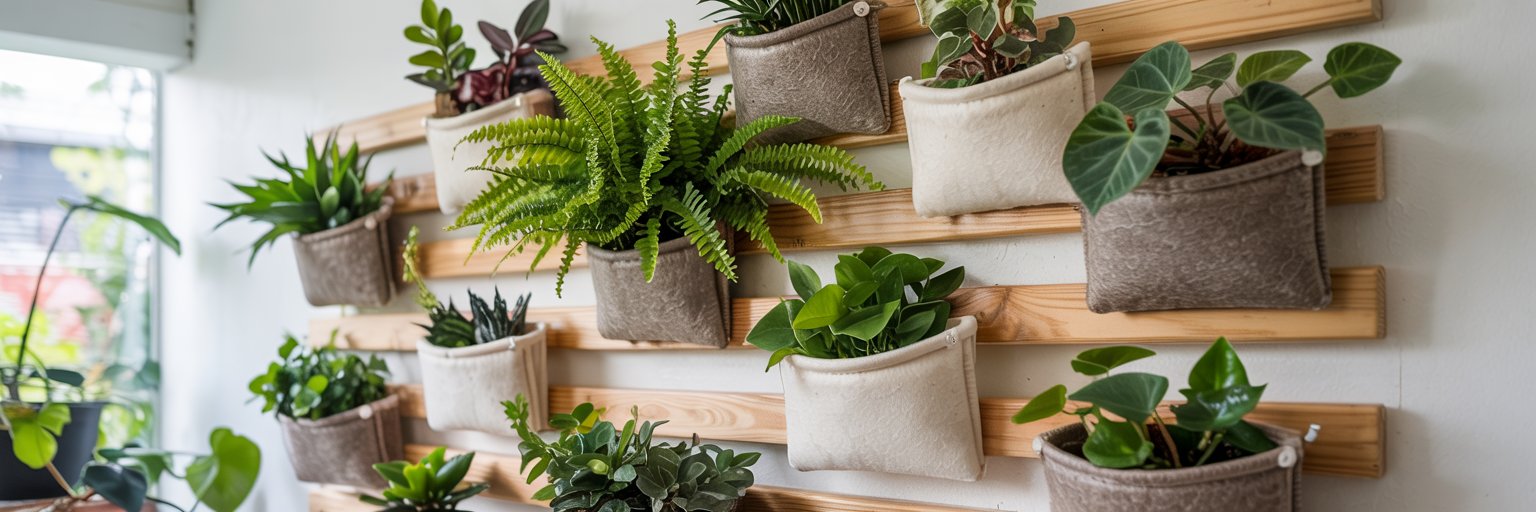 Wand mit mehreren bepflanzten Stofftaschen als vertikaler Garten