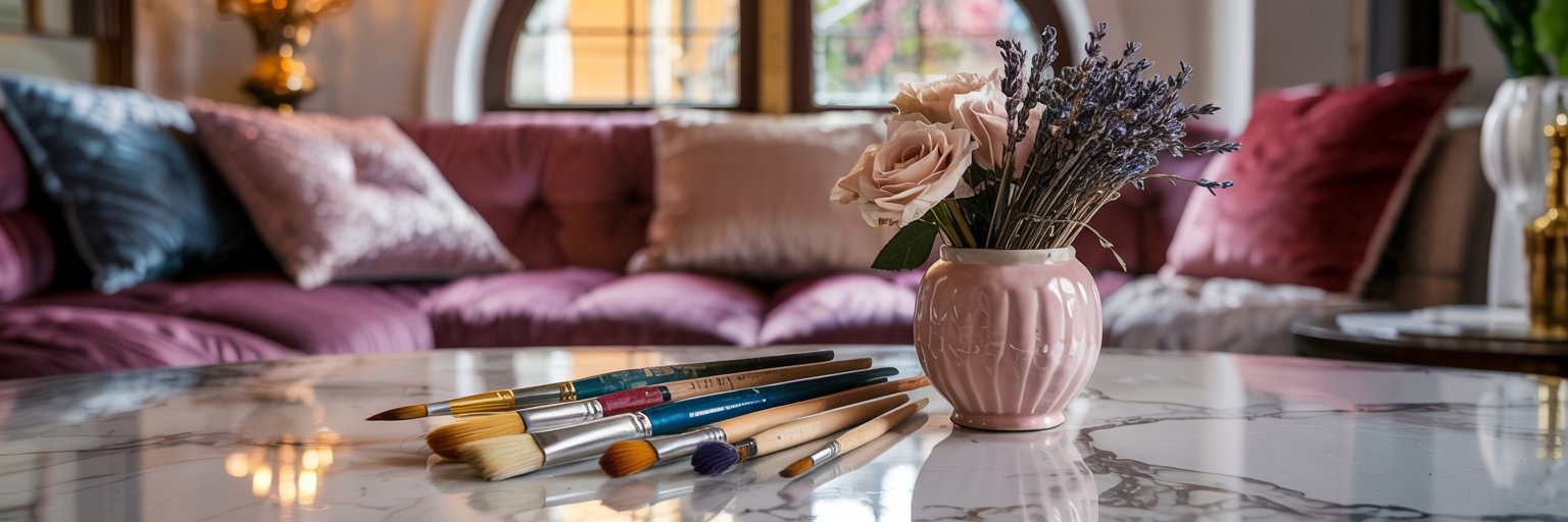 Ein Marmortisch mit einer rosa Vase mit Lavendel und Rosen und mehreren Pinseln daneben. Im Hintergrund ein plüschiges malvenfarbenes Sofa mit Kissen und Bogenfenstern.