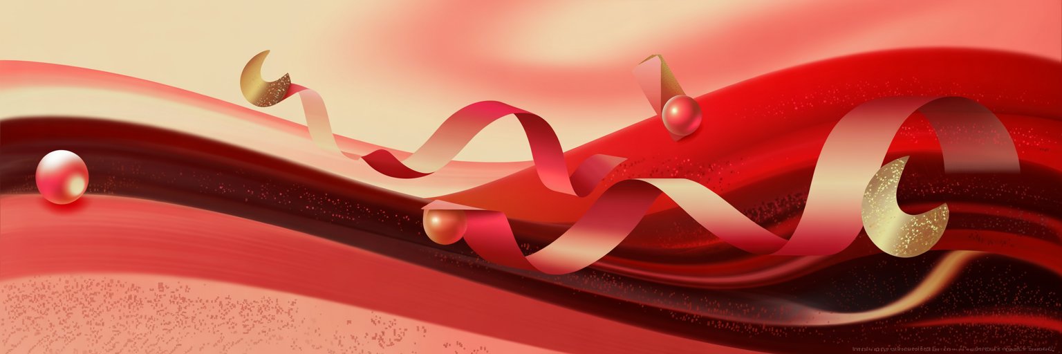 Abstrakte digitale Kunst mit fließenden roten und beigen Wellen, goldenen geometrischen Formen, glänzenden Kugeln und einem sich durch die Szene windenden rosa Band, das eine dynamische, festliche und elegante Komposition schafft.