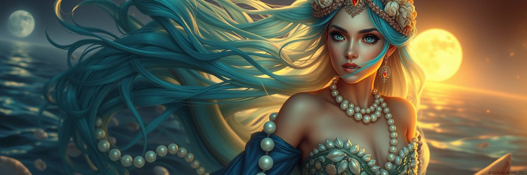 Eine Frau im Fantasy-Stil mit wallendem türkisfarbenem Haar, das mit Perlen und Muscheln geschmückt ist, steht unter einem leuchtenden Vollmond am Meer, trägt aufwendigen Schmuck und ein juwelenbesetztes Mieder, im Hintergrund sind Wellen zu sehen.