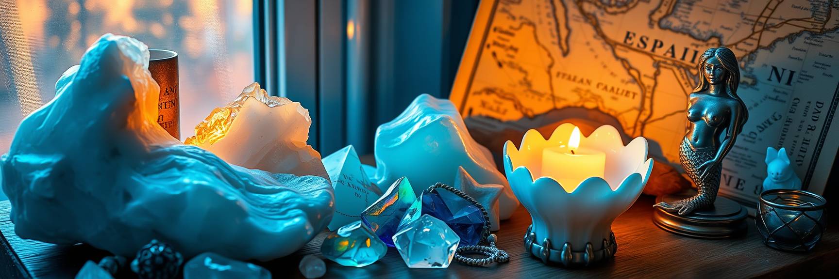 Eine gemütliche Szene mit leuchtenden Kerzen, Kristallen und einer Muschel auf einer Holzoberfläche. Eine Karte mit der Aufschrift „Espana“, eine Meerjungfrauenfigur und verschiedene kleine Schmuckstücke sorgen für eine mystische, warme Atmosphäre am Fenster.