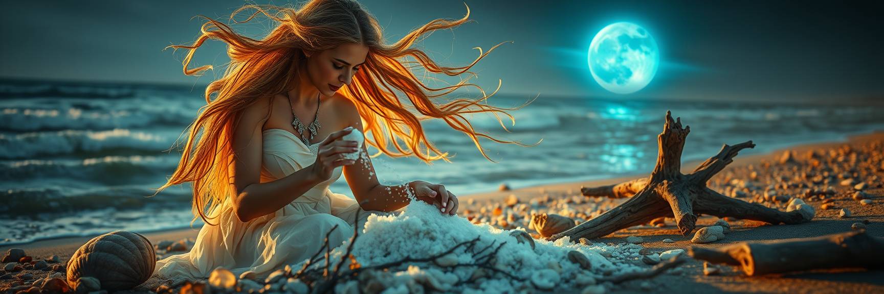Eine Frau in einem weißen Kleid sitzt nachts am Strand und formt unter dem leuchtenden Vollmond Sand. Treibholz und Muscheln umgeben sie, und ihr langes Haar weht im Wind. Im Hintergrund sind die Meereswellen zu sehen.