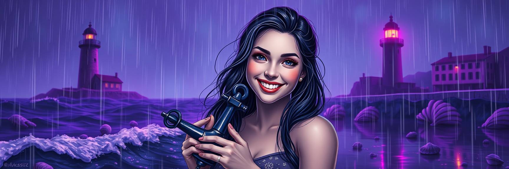 Eine lächelnde Frau mit langem dunklem Haar hält einen Sextanten vor einer stürmischen See mit Wellen, Muscheln und zwei leuchtenden Leuchttürmen im Hintergrund unter Regen und einem violetten Himmel.