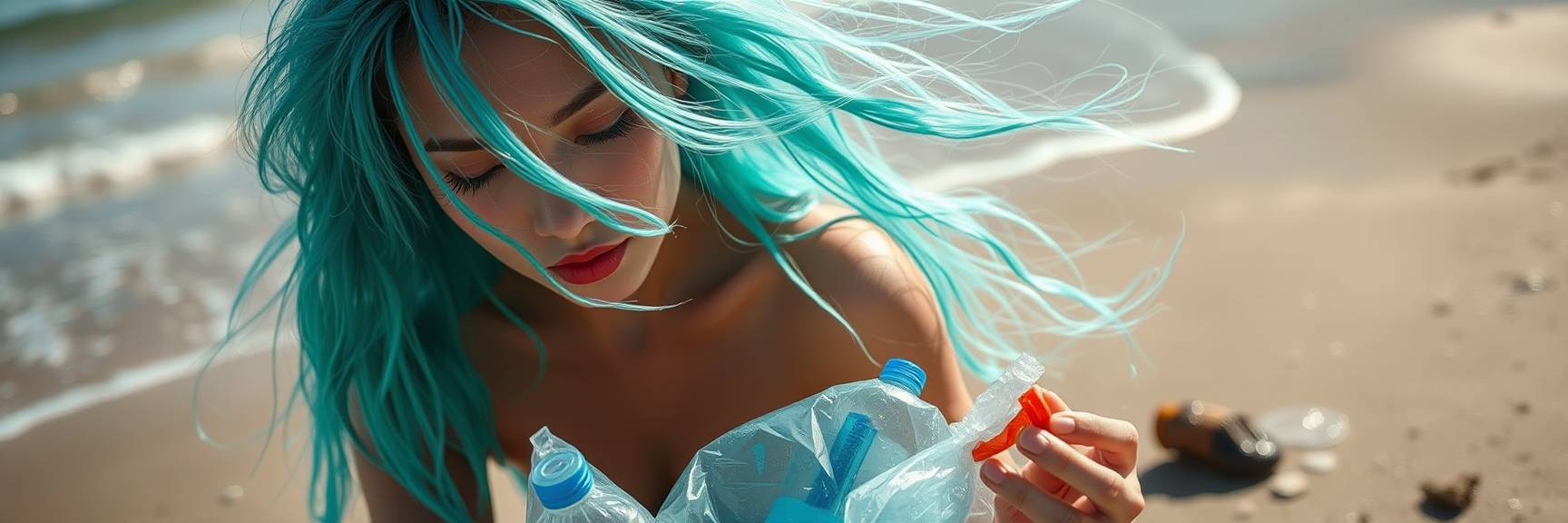 Eine Frau mit langem türkisfarbenem Haar kniet an einem Sandstrand und hält Plastikflaschen und anderen Müll in der Hand. Im Hintergrund sind Meereswellen zu sehen.