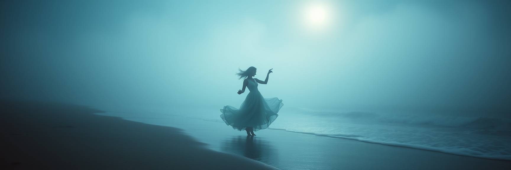 Eine Frau in einem wallenden Kleid tanzt anmutig in der Abenddämmerung an einem nebligen Strand, ihre Silhouette zeichnet sich vor einem dunstigen Himmel ab, neben ihr sanfte Wellen.