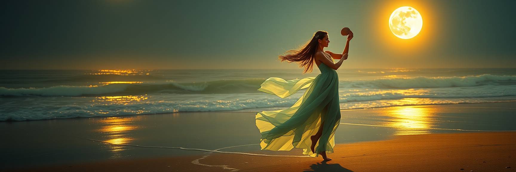 Eine Frau in einem fließenden grünen Kleid steht nachts an einem Strand, hält eine Muschel in der Hand und streckt ihre Hand nach einem großen, leuchtenden Vollmond über dem Meer mit sanften Wellen und goldenen Reflexen auf dem nassen Sand aus.