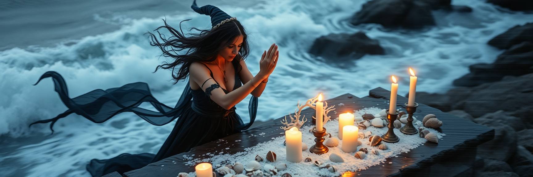 Eine Frau in einem wallenden dunklen Kleid und einem spitzen Hut führt an einem mit Kerzenlicht beleuchteten und mit Muscheln dekorierten Tisch am Meer ein Ritual durch, im Hintergrund brechen Wellen gegen die Felsen.