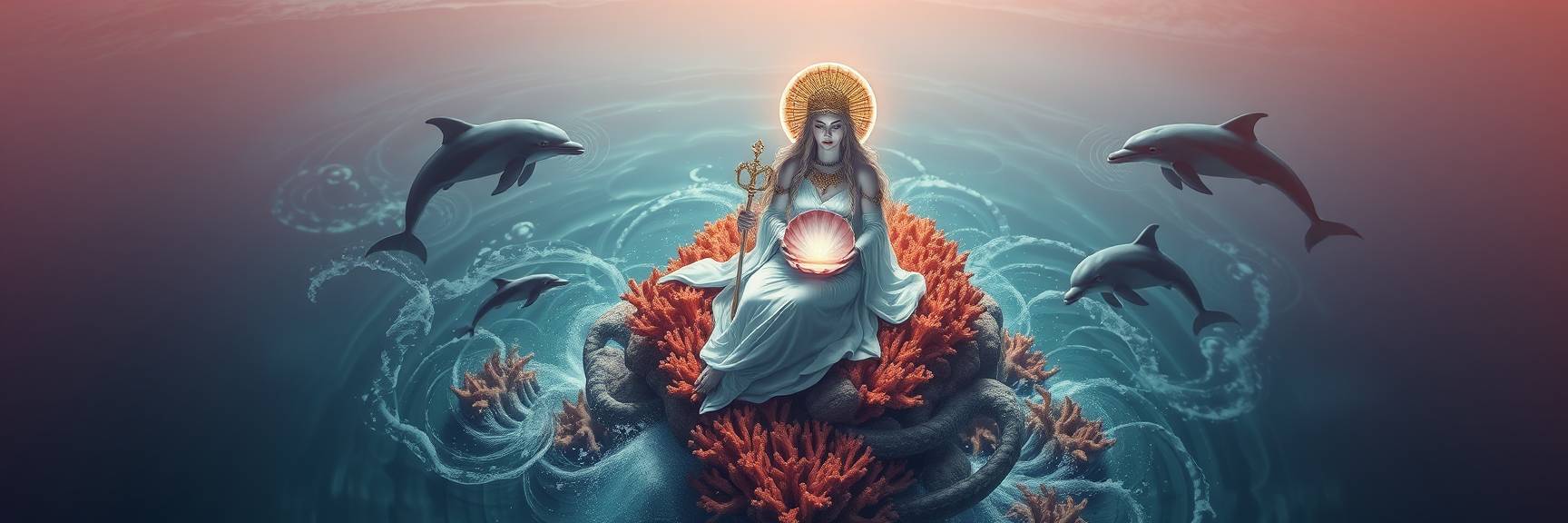 Eine Frau in einem weißen Kleid mit einem goldenen Heiligenschein sitzt auf einer Koralle, umgeben von Seeschlangen. Sie hält einen Stab und eine leuchtende Muschel in der Hand, während Delfine im wirbelnden Wasser um sie herum schwimmen.