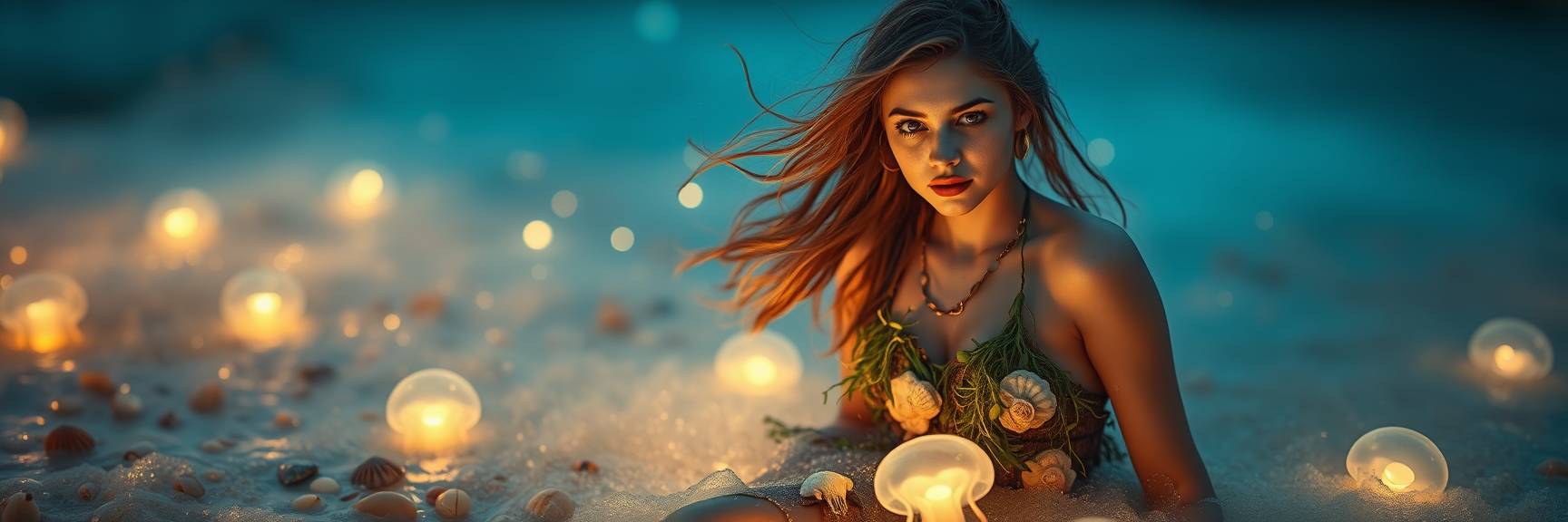 Eine Frau in einem geblümten Kleid sitzt in der Abenddämmerung am Strand, umgeben von leuchtenden Laternen und Muscheln. Ihr Haar weht sanft, während ein Hauch von Sea_Witchery in den sanft beleuchteten Wellen hinter ihr schimmert.