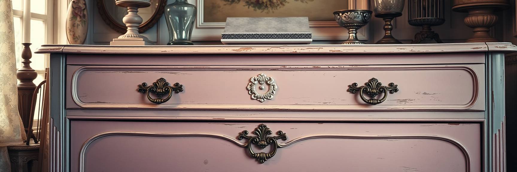 Eine rosafarbene Kommode im Vintage-Stil mit verzierten Messinggriffen und einer Antik-Oberfläche, umgeben von dekorativen Vasen, Urnen und gerahmten Kunstwerken in einem sanft beleuchteten Raum – die perfekte Inspiration, um alte Möbel neu zu gestalten.