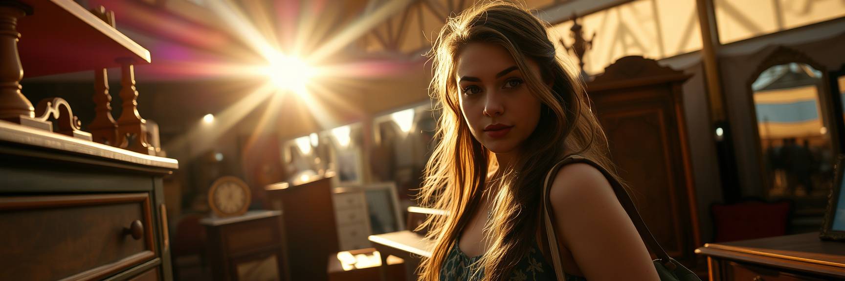 Eine junge Frau mit langen Haaren steht in einem sonnendurchfluteten Vintage-Laden, umgeben von alten Möbeln, neu gestalteten Möbeln und Antiquitäten, während warmes Sonnenlicht durch das Fenster hinter ihr strömt.