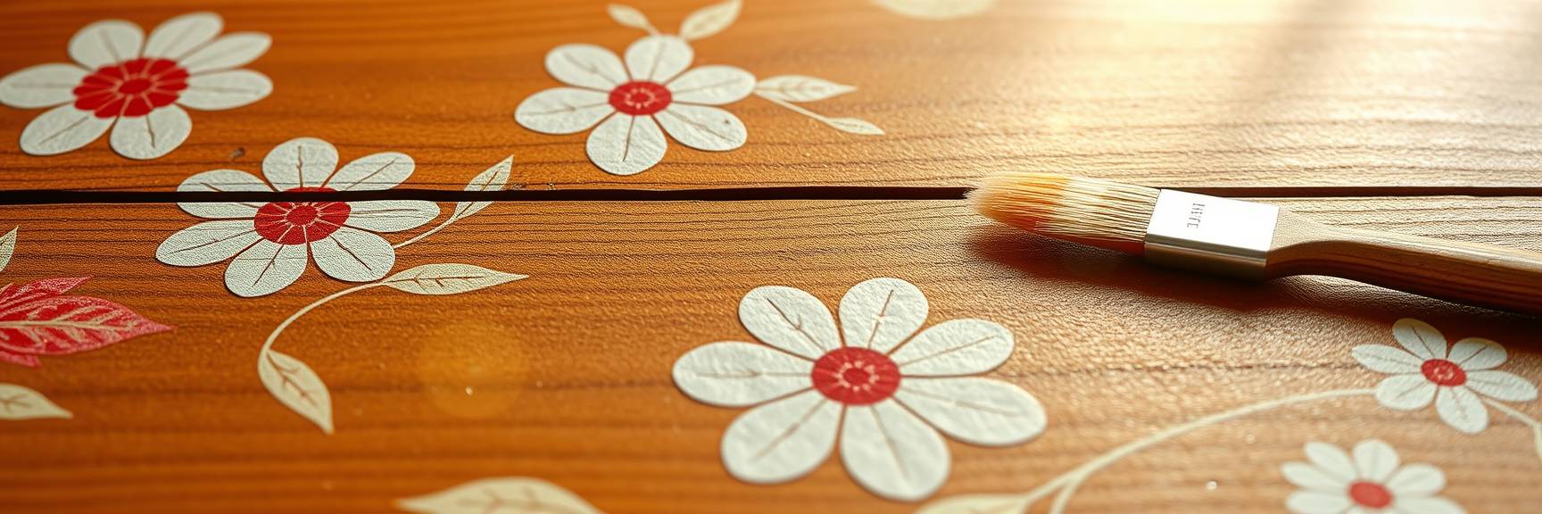Ein Pinsel liegt auf einer mit weißen und roten Blumenmustern und Blättern verzierten Holzoberfläche und überspannt teilweise eine Lücke zwischen zwei Brettern – die perfekte Inspiration, um alte Möbel neu zu gestalten.