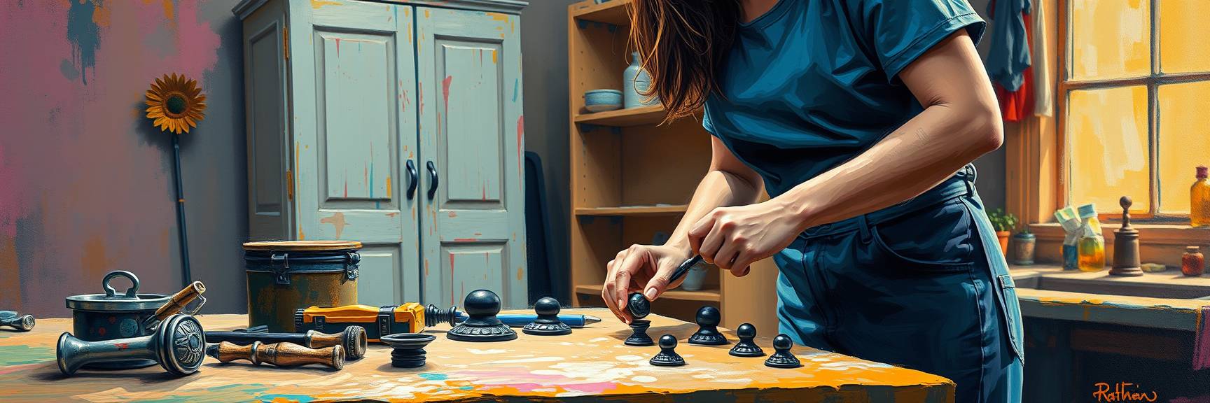 Eine Frau in einem blaugrünen Outfit steht an einem farbenfrohen, farbbefleckten Tisch und arrangiert schwarze Schachfiguren. Alte Möbel neu gestalten verleihen dem gemütlichen, sonnendurchfluteten Raum voller Küchenutensilien und üppiger Pflanzen Charme.