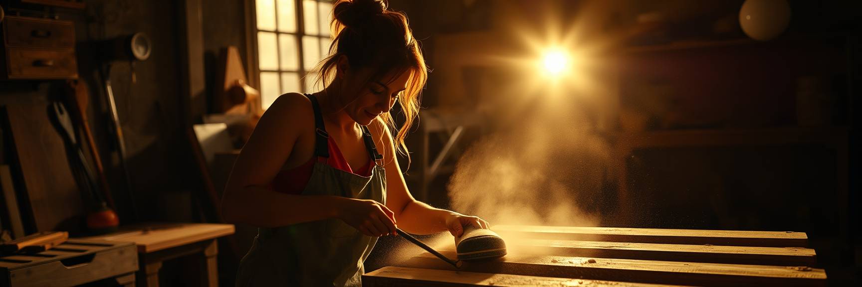 Eine Frau in einer Schürze schleift in einer sonnendurchfluteten Werkstatt ein Holzbrett und haucht alten Möbeln – „alte Möbel neu gestalten“ – Leben ein, während Staubpartikel im warmen Sonnenlicht tanzen, das durch das Fenster strömt.