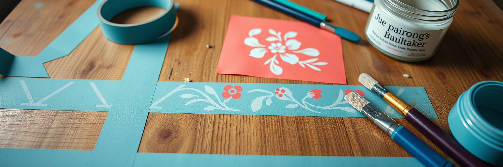 Ein Holztisch mit blauem Malerband, Pinseln, einem Glas Klebstoff und Blumenschablonen in Blau und Rot zeigt, wie man Möbel neu gestaltet, mit einem teilweise schablonierten Blumenmuster in Arbeit.