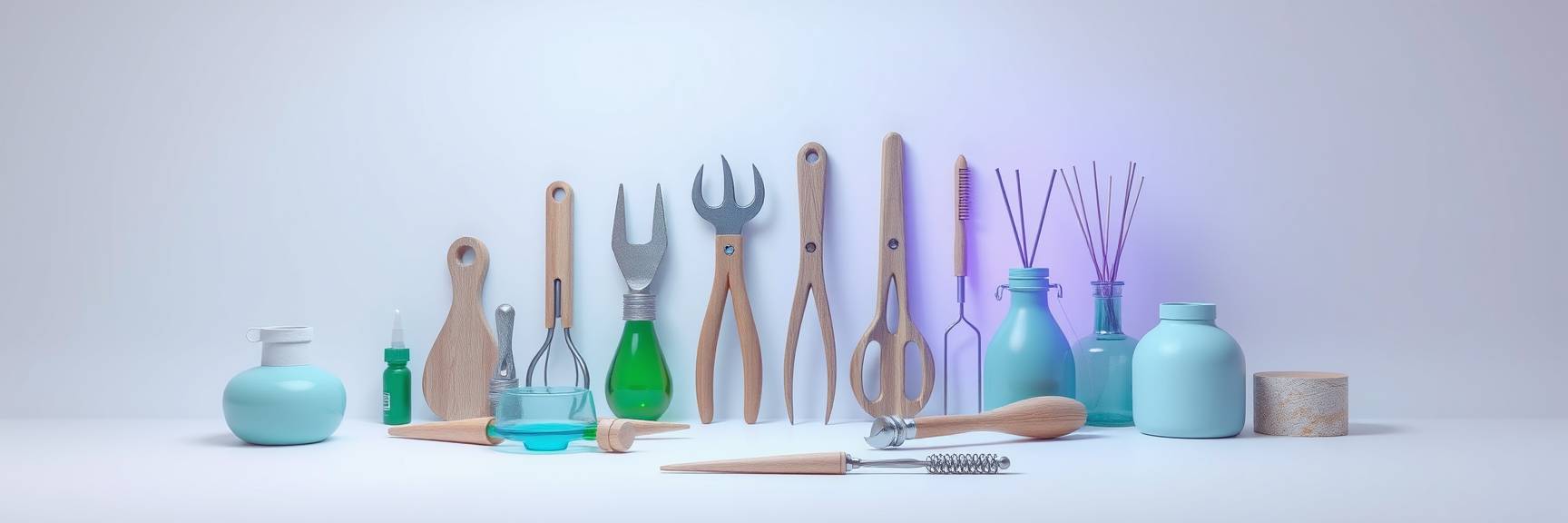 Eine Reihe verschiedener Küchenutensilien und Glasbehälter, darunter Flaschen, Gläser, Löffel, Zangen, Schneebesen und Duftstäbchen – perfekte Akzente, wenn Sie gerne Alte Möbel neu gestalten – sind ordentlich vor einem hellblauen Hintergrund angeordnet.