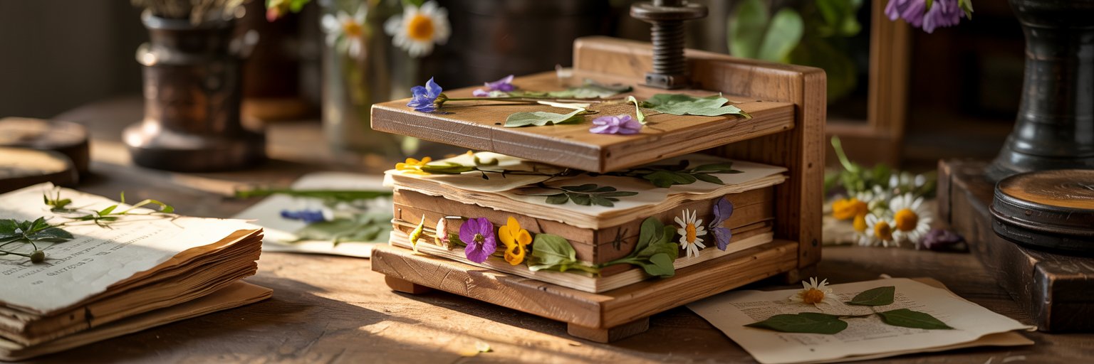 Eine hölzerne Blumenpresse, gefüllt mit bunten gepressten Blumen und Blättern, steht auf einem rustikalen Tisch, umgeben von Büchern, verstreuten Blüten und botanischem Papier in sanftem Tageslicht.