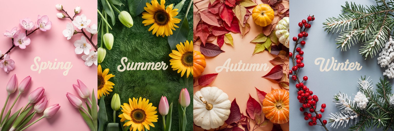 Eine Collage, die vier Jahreszeiten darstellt: Frühling mit Kirschblüten und Tulpen, Sommer mit Sonnenblumen und grünem Gras, Herbst mit bunten Blättern und Kürbissen und Winter mit Tannenzweigen, roten Beeren und Schnee.