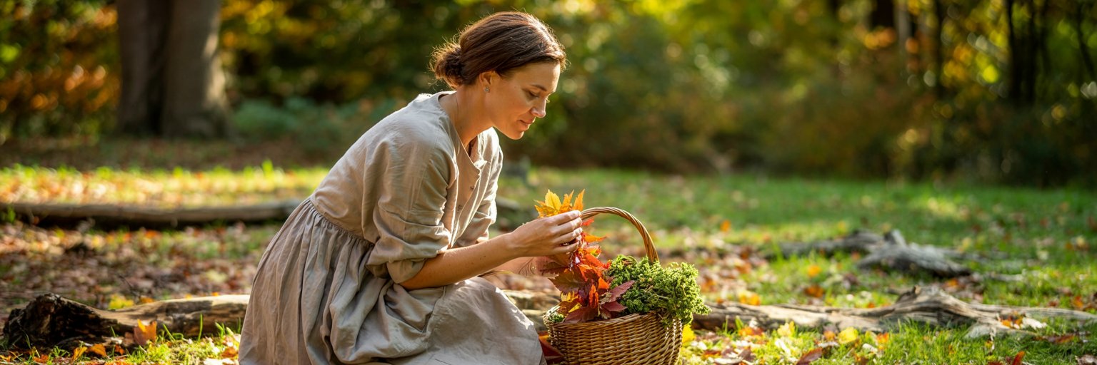 Eine Frau in einem hellen Kleid kniet im Gras eines sonnenbeschienenen Parks und legt Herbstlaub und Grünpflanzen in einen geflochtenen Korb. Im unscharfen Hintergrund sind Bäume mit Herbstlaub zu sehen.