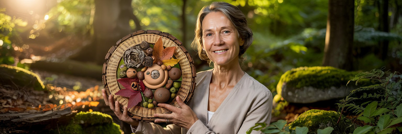 Eine lächelnde Frau in einer hellen Bluse steht in einem sonnenbeschienenen Wald und hält einen geflochtenen Korb, der mit Pilzen, Blättern, Eicheln und Tannenzapfen verziert ist. Moosbedeckte Felsen und grünes Laub umgeben sie.