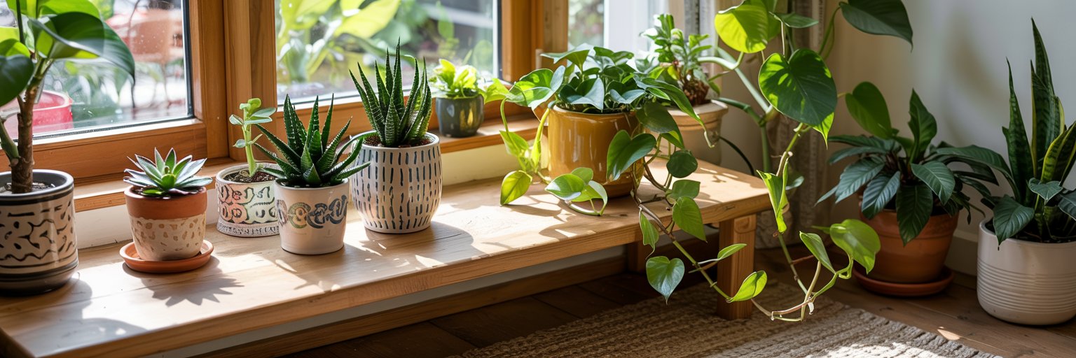 Ein gemütliches Wohnzimmer verfügt über ein beiges Sofa vor einer hellgrauen Wand. Holzregale, die als Raumteiler dienen, beherbergen verschiedene Topfpflanzen. Sonnenlicht strömt durch ein Fenster, beleuchtet hängende und in Töpfen gepflanzte Pflanzen und schafft eine warme, einladende Atmosphäre.