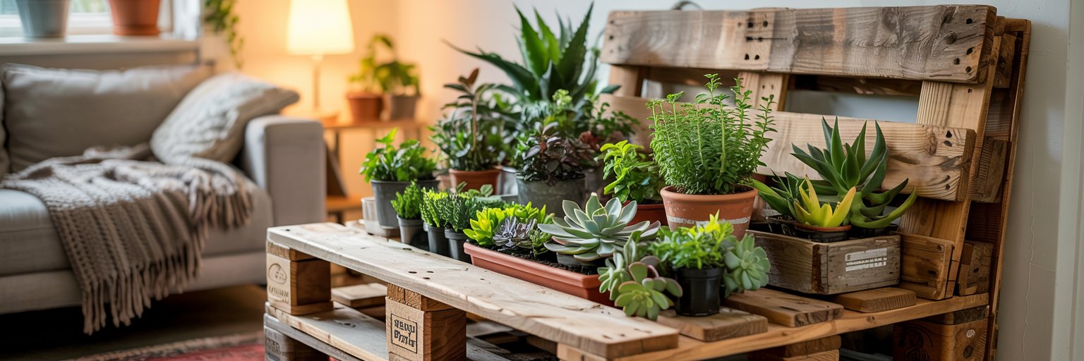 Wand mit mehreren bepflanzten Stofftaschen als vertikaler Garten