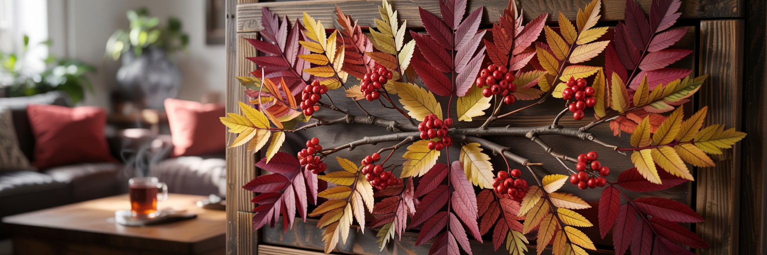 Ein dekorativer Zweig mit roten Beeren und bunten Herbstblättern ist auf einer Holzoberfläche in einem gemütlichen Wohnzimmer montiert. Im Hintergrund stehen ein Tisch mit einer Tasse Tee und ein Sofa mit Kissen.