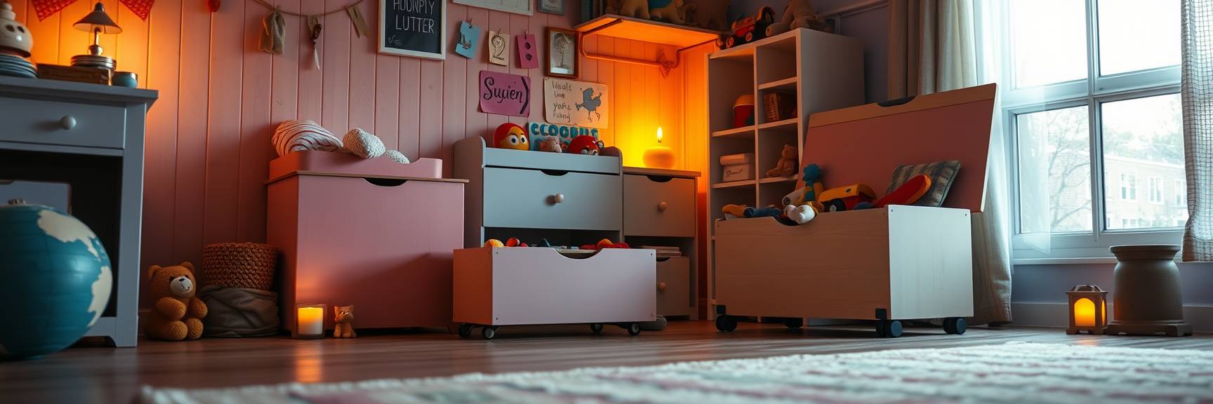 Bunte DIY-Spielzeugkisten aus Holzkisten auf Rollen, gefüllt mit Spielzeug, in einem aufgeräumten Kinderzimmer