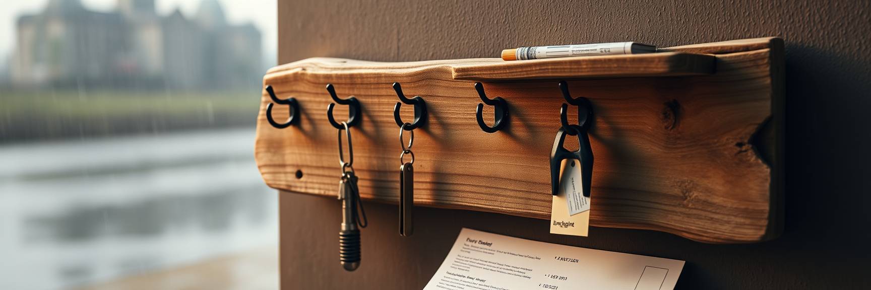 DIY-Schlüsselbrett aus einem Stück Treibholz mit kleinen Haken und einer kleinen Ablage für Briefe