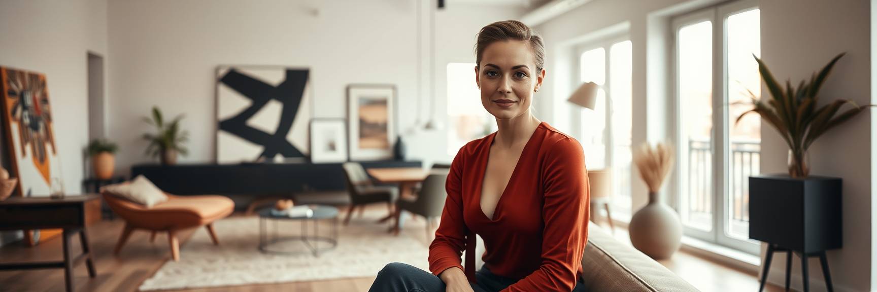 Eine kraftvolle Superheldin in dynamischer Pose strahlt Fischer-Ästhetik aus, während sie in einem eleganten Raum ein leuchtendes Lasso schwingt. Ihr Kostüm ist mit einer Tiara geschmückt. Im Hintergrund zeigen sich große Fenster, die eine Berglandschaft einrahmen, die durch lebendige Lichteffekte noch verstärkt wird.