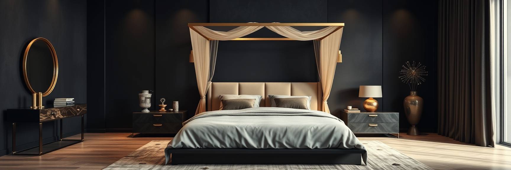 Luxuriöses Schlafzimmer mit dunklen Wänden, einem großen Himmelbett mit beigen Vorhängen, passenden Nachttischen, stilvollen Lampen und elegantem Dekor. Sonnenlicht fällt durch ein Fenster auf der rechten Seite herein und unterstreicht das moderne, anspruchsvolle Design.